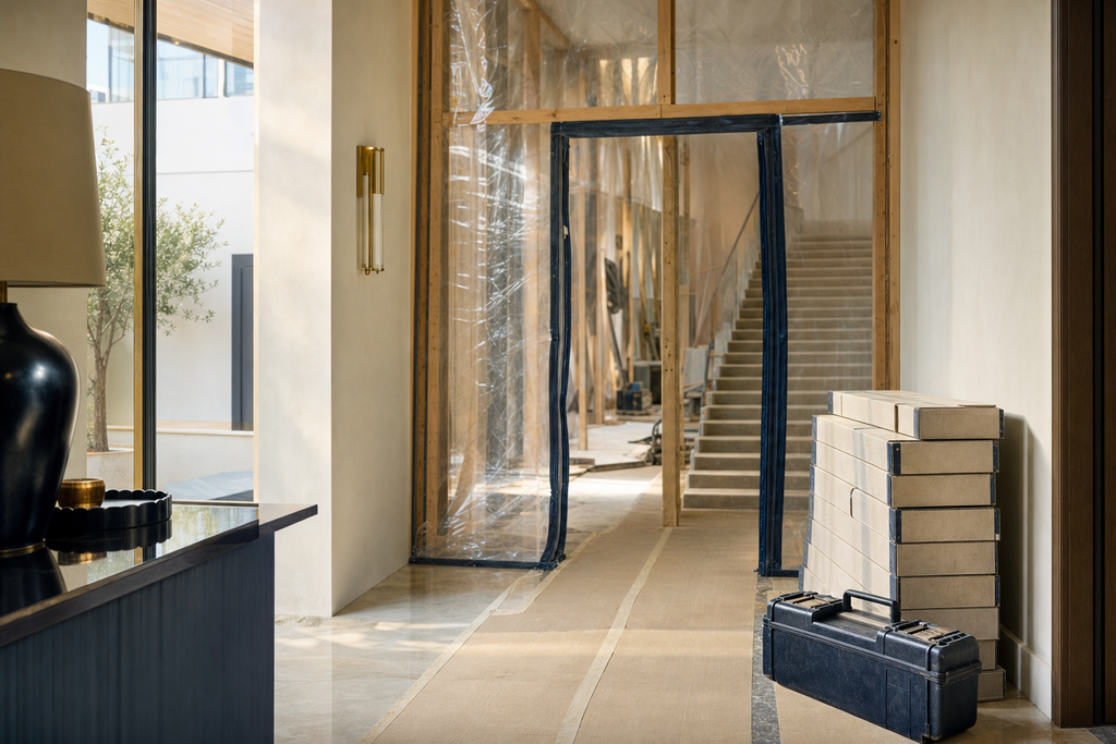 Temporary dust-screen wall with a zipped access flap separating a townhouse work zone from the live house