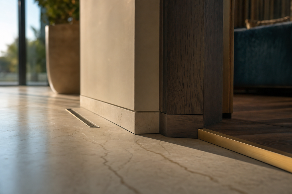 Close detail of stone floor, shadow-gap skirting, oak plinth and brass threshold trim meeting at one junction