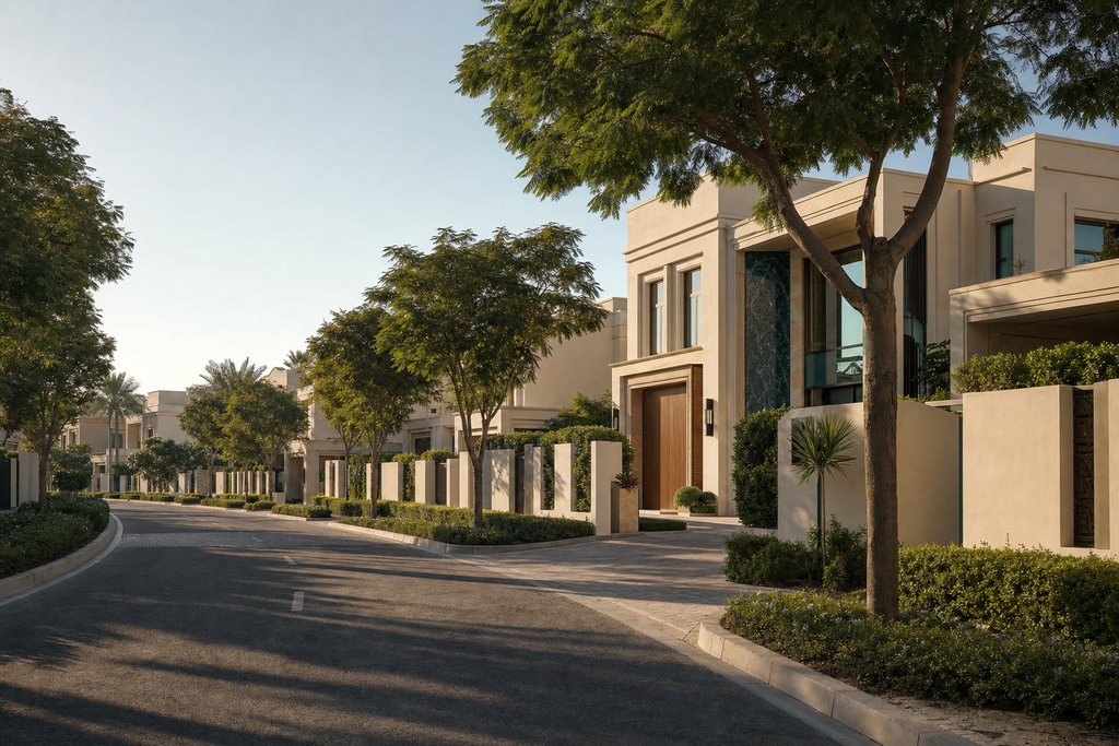Quiet Dubai residential community street with detached villas, low walls and mature trees
