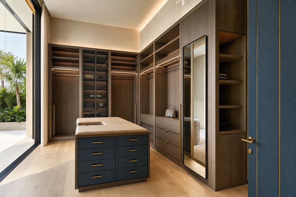 Walk-in wardrobe with full-height smoked oak joinery, lit hanging bays and a central drawer island