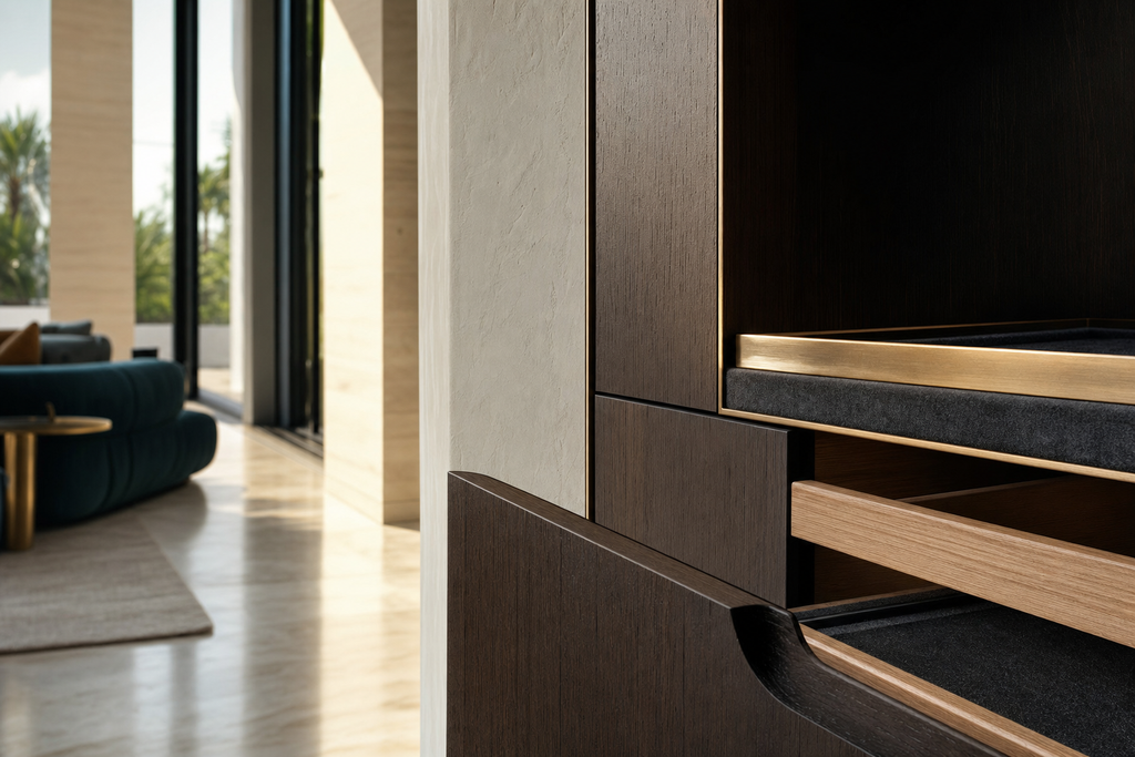 Close detail of a fitted oak drawer front, soft-close runner and shadow-gap joinery tolerance