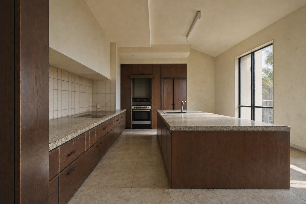 The same kitchen before renovation with dated brown melamine units, laminate worktop and tiled splashback