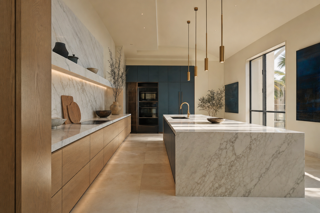 Renovated villa kitchen with pale oak cabinetry, marble island and full-height marble splashback