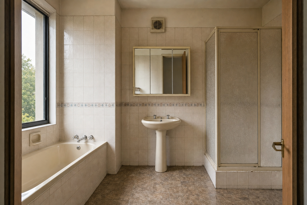 The same bathroom before renovation with dated beige wall tiles, enclosed shower cubicle and pedestal basin