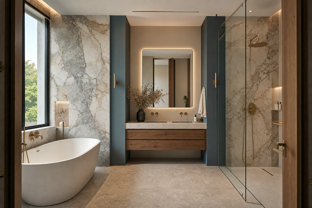 Renovated bathroom with marble wet wall, freestanding bath, walk-in shower and timber vanity