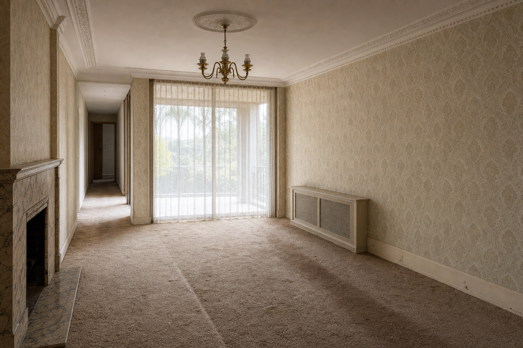 The same living room before renovation with patterned wallpaper, ornamental cornice and worn carpet
