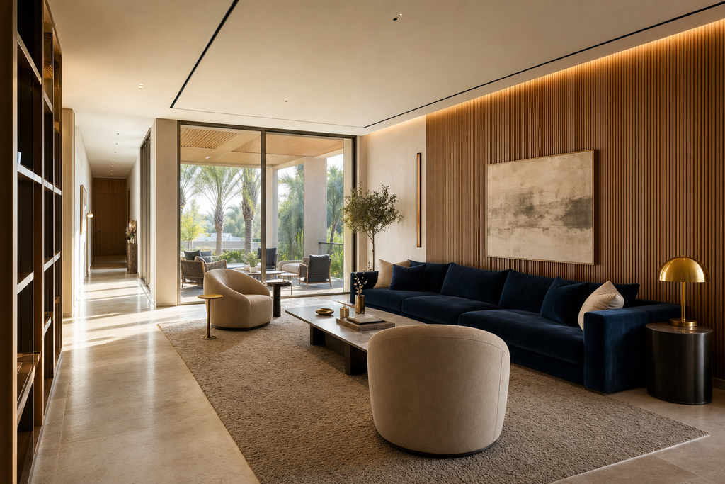 Renovated open-plan living space with fluted timber wall, full-height glazing and stone floor