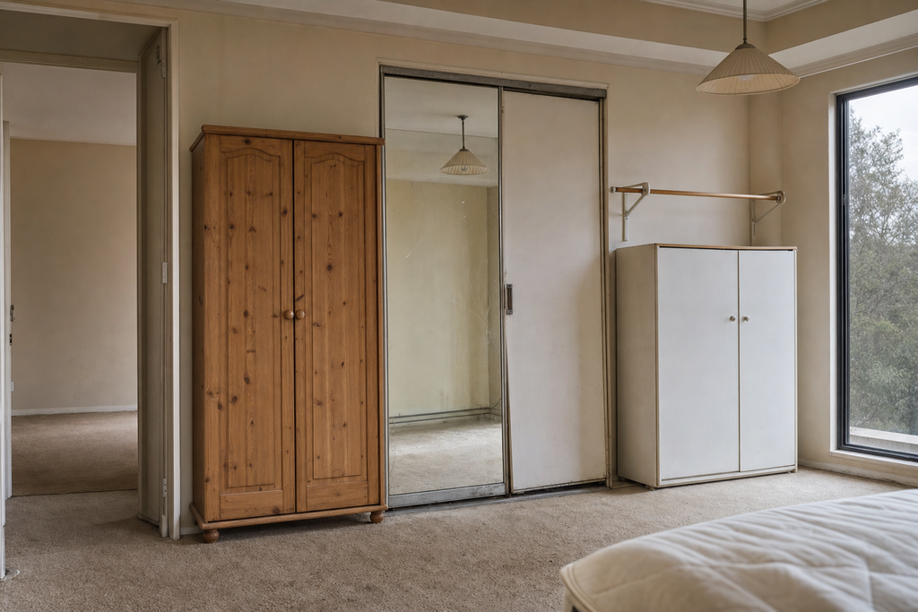 The same dressing area before renovation with mismatched freestanding wardrobes and worn carpet