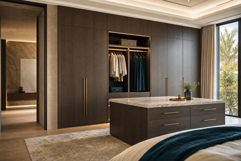 Renovated dressing area with full-height smoked oak wardrobe joinery, brass pulls and integrated lighting