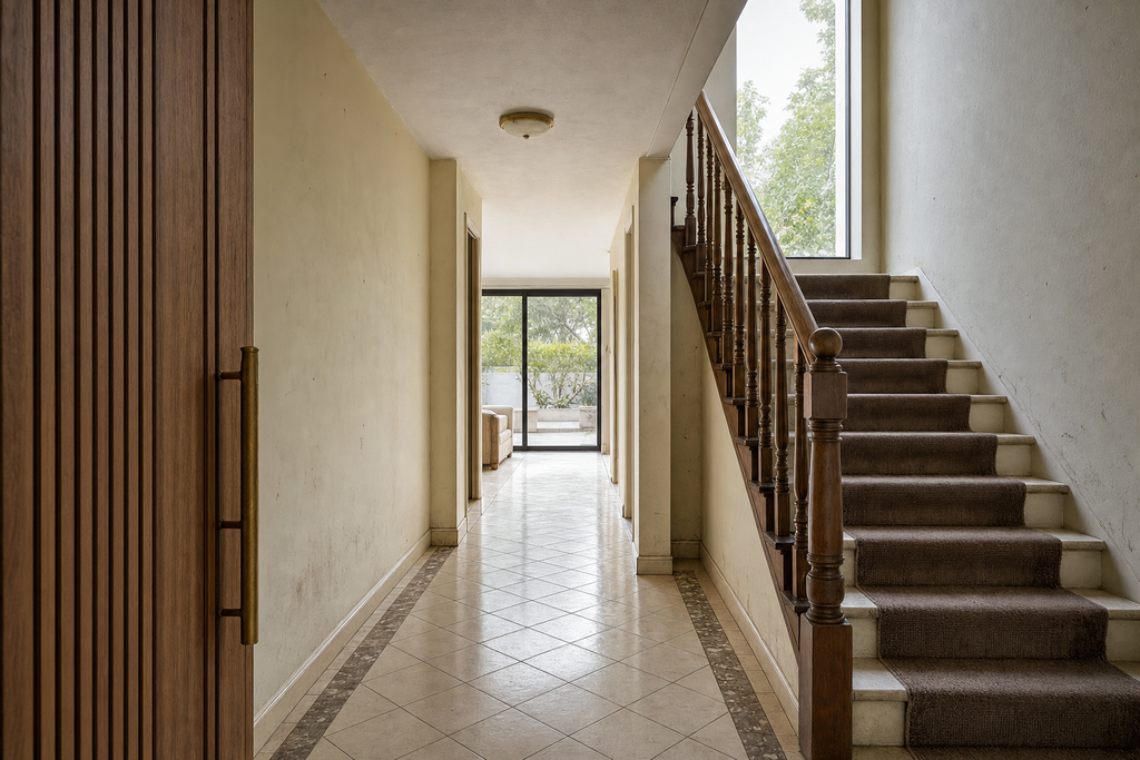 The same entrance hall before renovation with small cream floor tiles and a worn carpeted stair runner