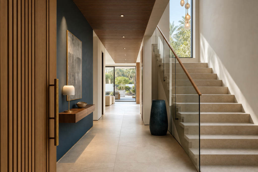 Renovated entrance hall with large-format stone flooring, slatted timber ceiling and glass balustrade