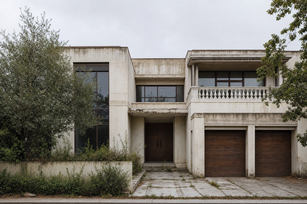 The same villa before renovation with weathered patchy paint, dated window frames and a cracked driveway