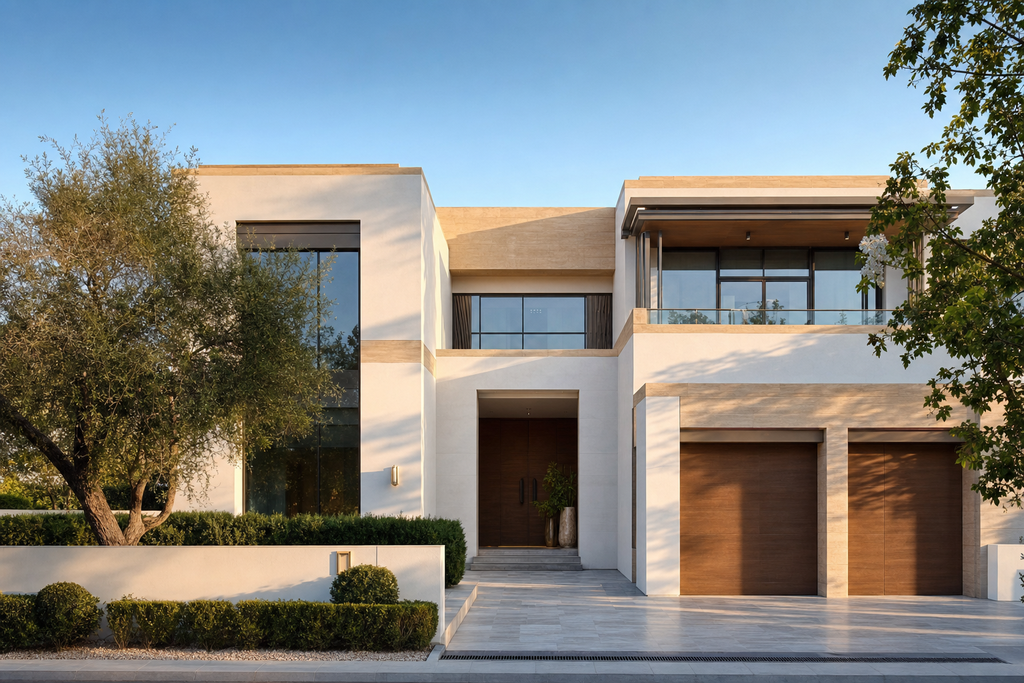 Renovated detached villa elevation with off-white render, stone banding and a new stone driveway
