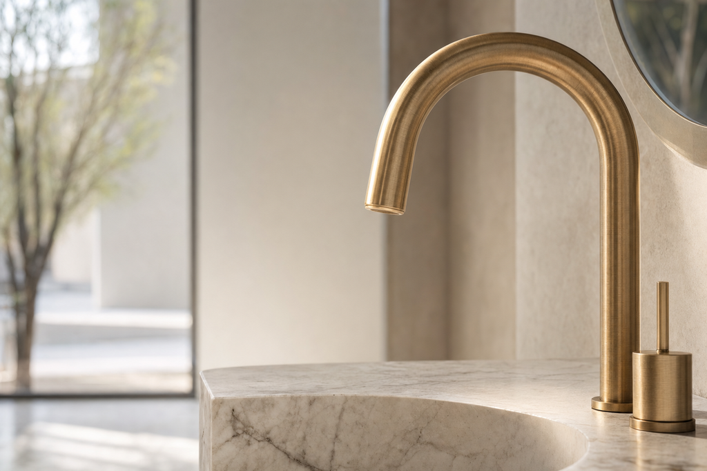 Close detail of a brushed brass mixer tap meeting a honed marble counter.