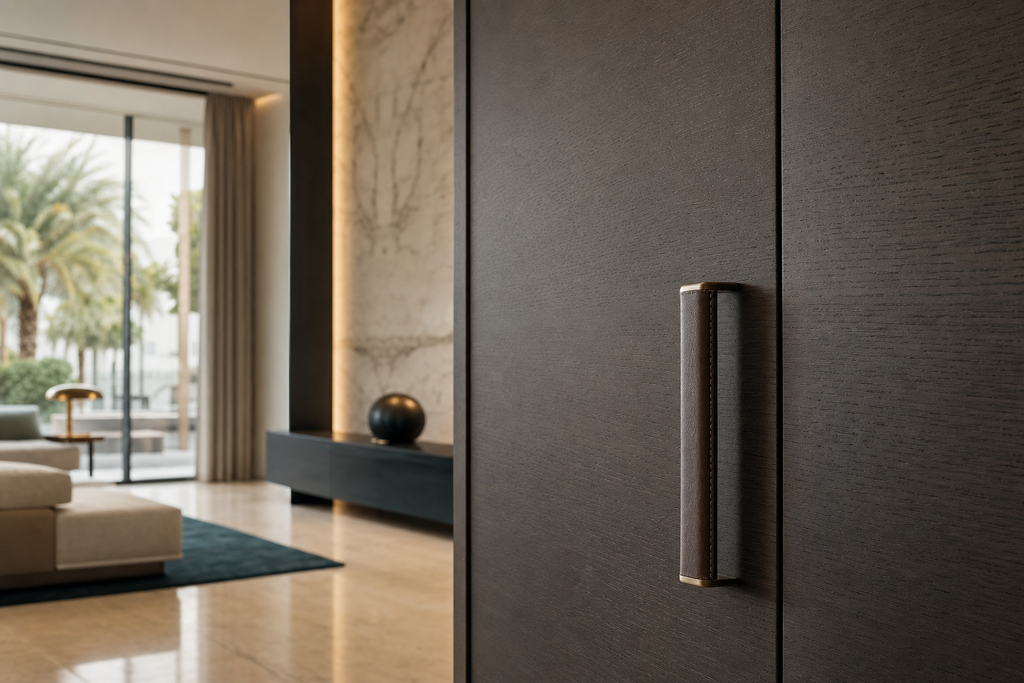 Close detail of a smoked oak cabinet edge with a fine shadow gap and leather pull.