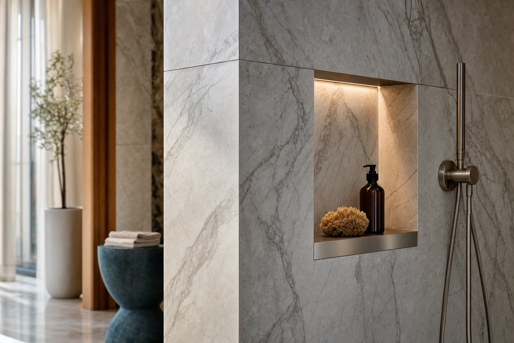 Close detail of a mitred marble shower reveal with a lit recessed niche.