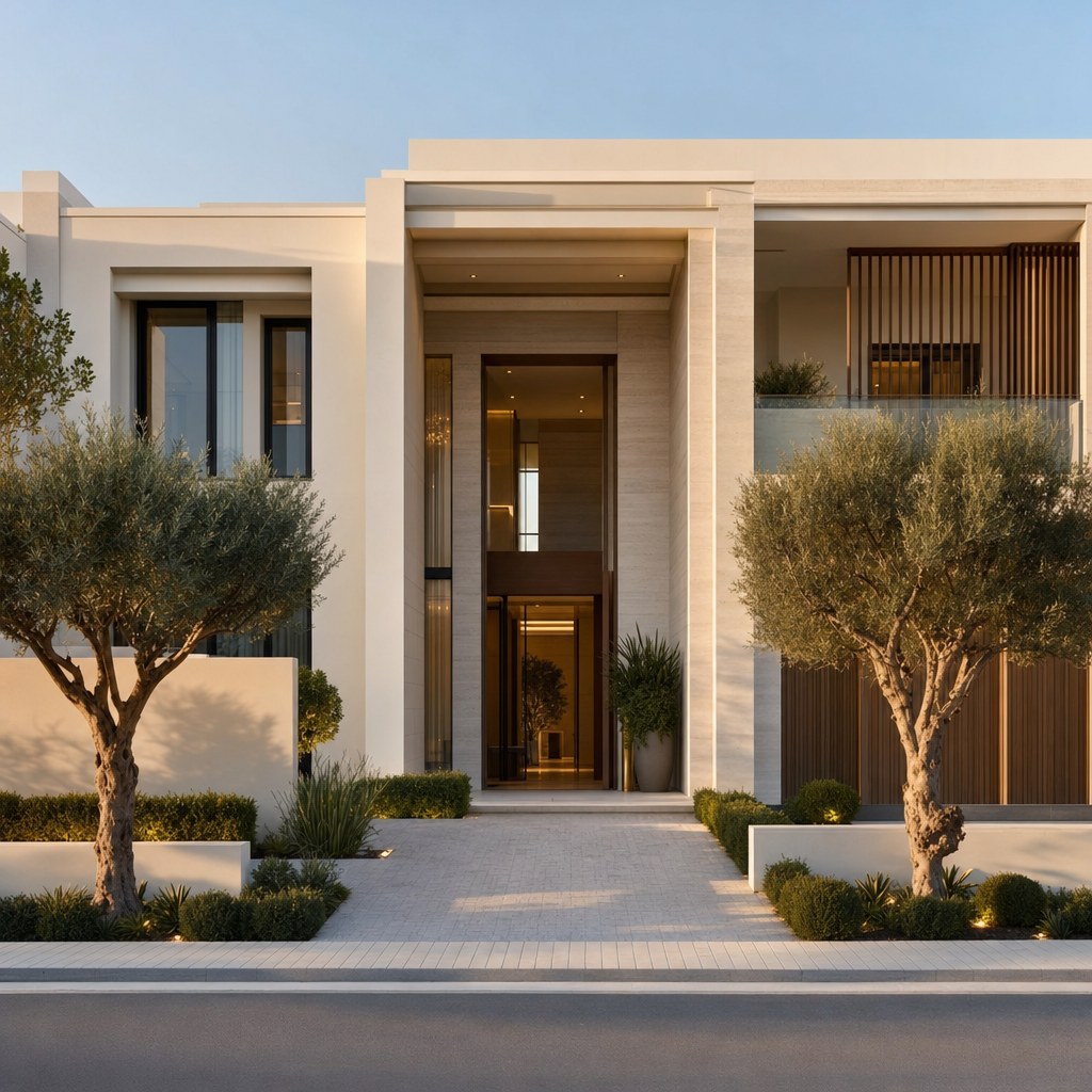 Street-facing front elevation of a contemporary villa with driveway, boundary wall and olive trees