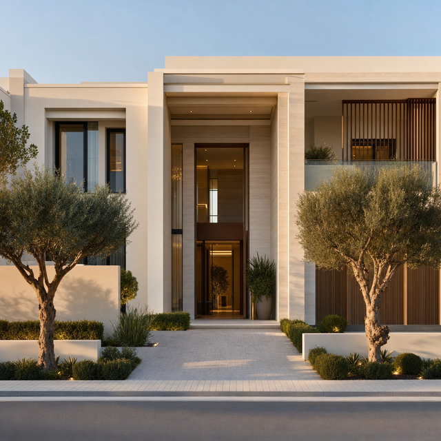Street-facing front elevation of a contemporary villa with driveway, boundary wall and olive trees.