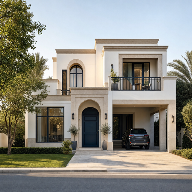 Front elevation of a two-storey villa with balcony, car porch, hedging and lawn strip.