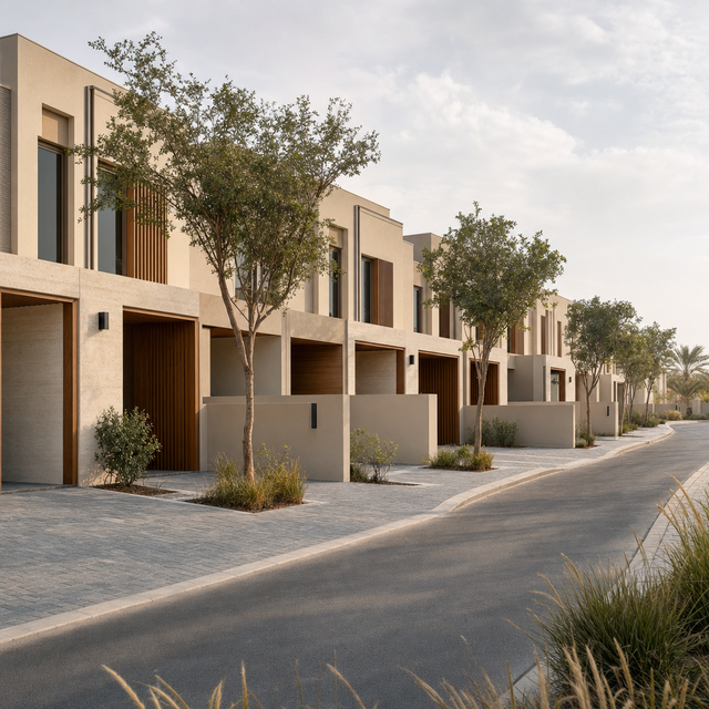 Street view of a row of attached modern townhouses with parking bays and young trees.
