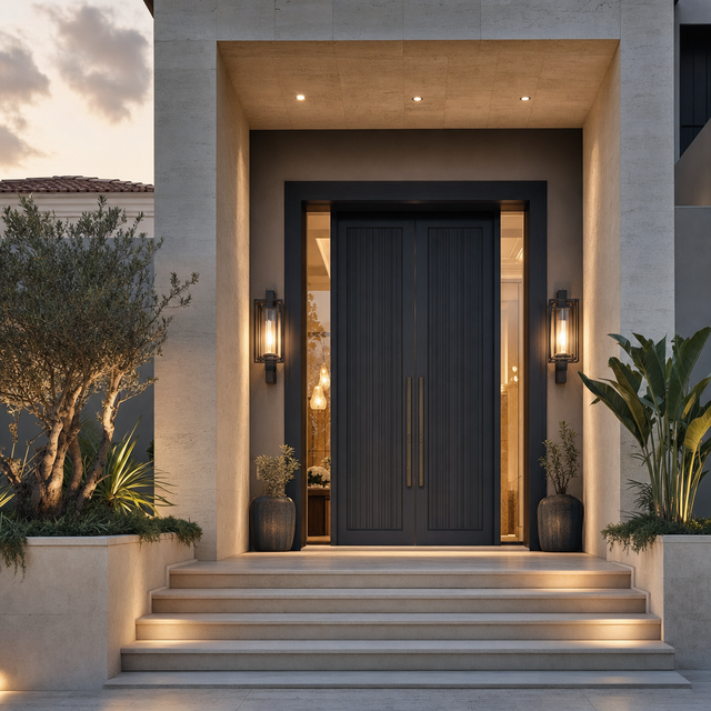 Villa entrance approach with stone steps, tall dark double door and wall lanterns.