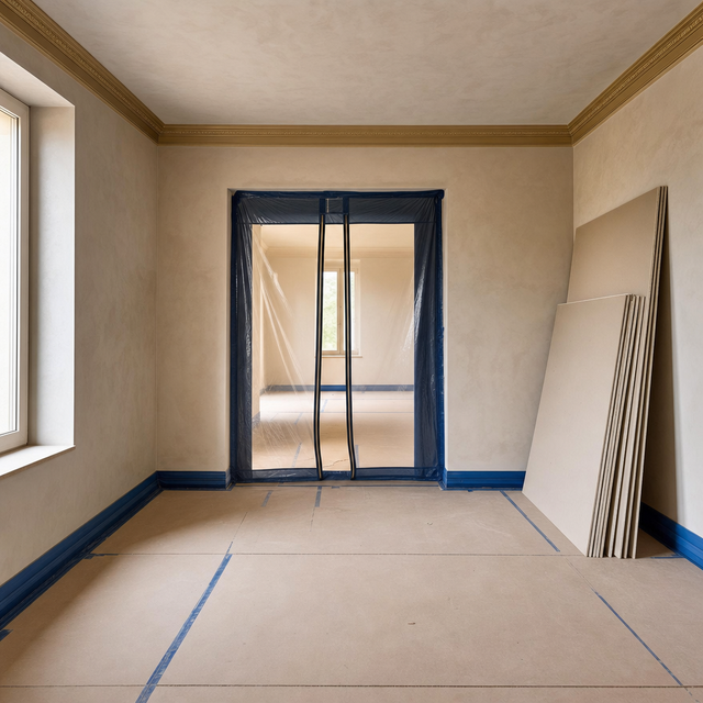 Room prepared for renovation with floor protection boards and a zip-sealed dust screen.