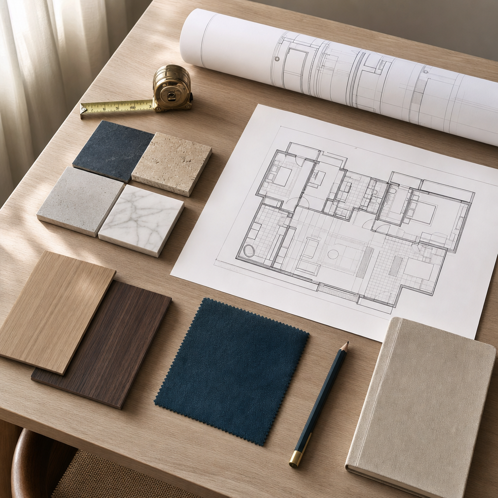 Planning table with floor-plan drawings, tape measure, tile, timber and fabric samples.
