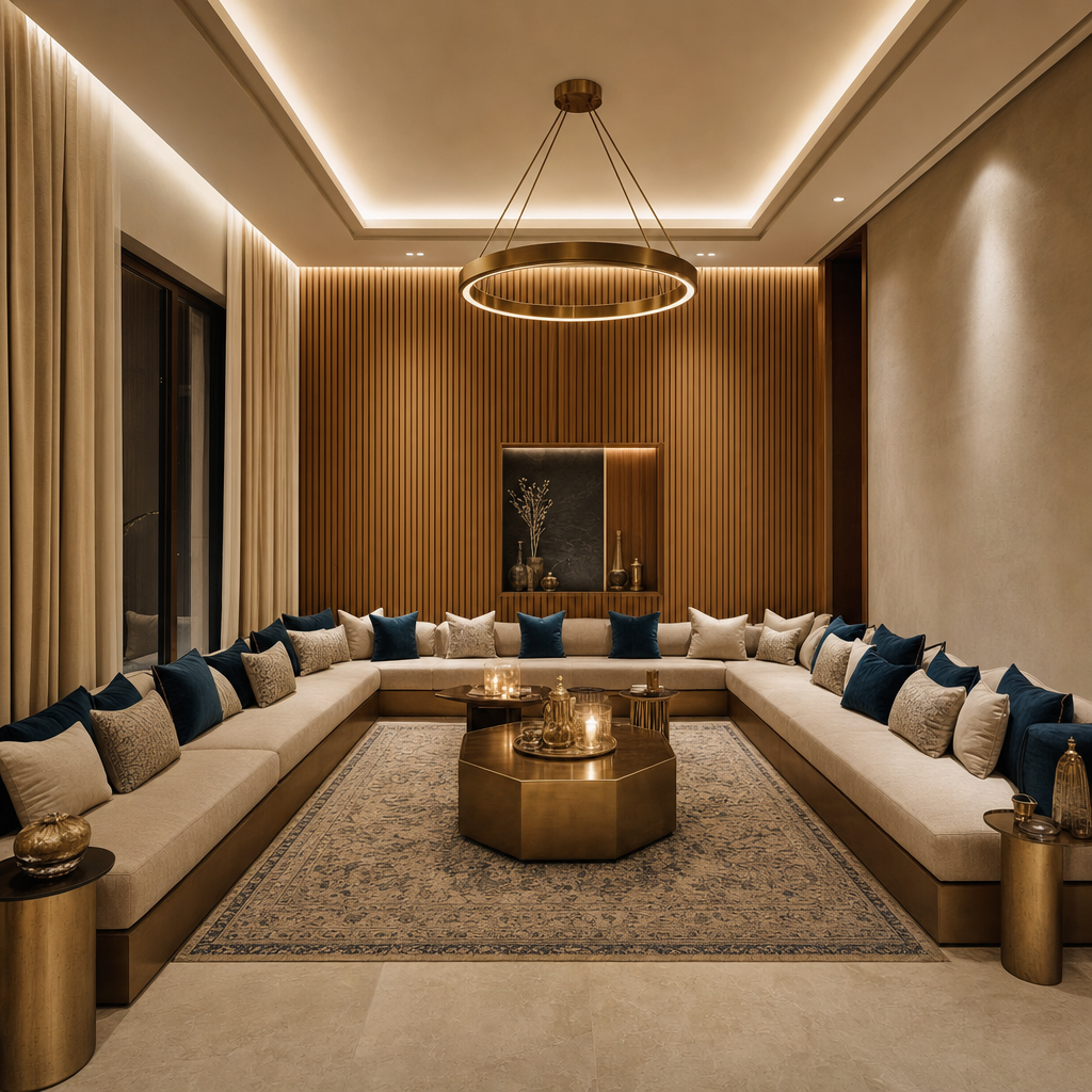 Majlis sitting room with low bench seating, patterned rug and fluted timber feature wall