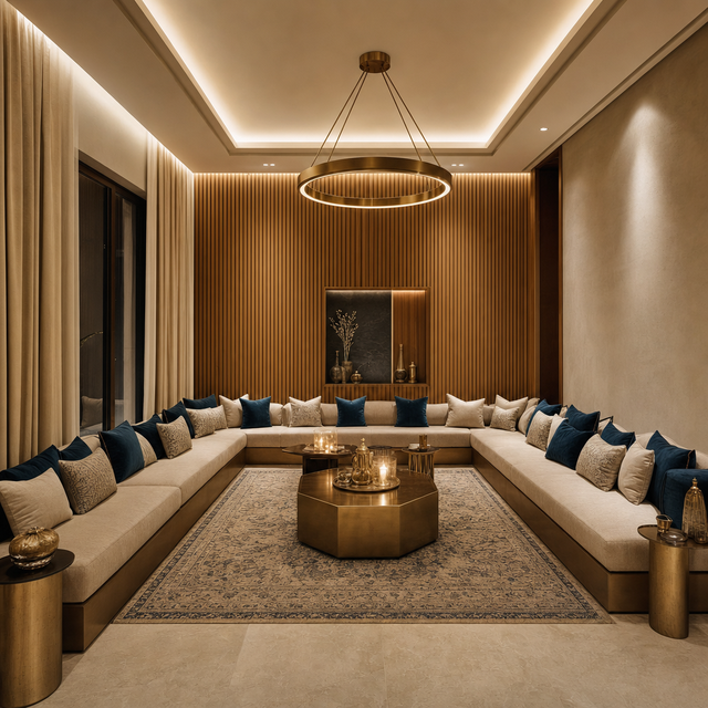 Majlis sitting room with low bench seating, patterned rug and fluted timber feature wall.