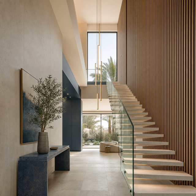Double-height entrance hall with stone staircase, glass balustrade and linear pendant.