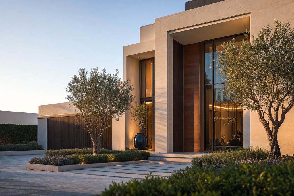 Contemporary villa street elevation at golden hour with olive trees and lit entrance.