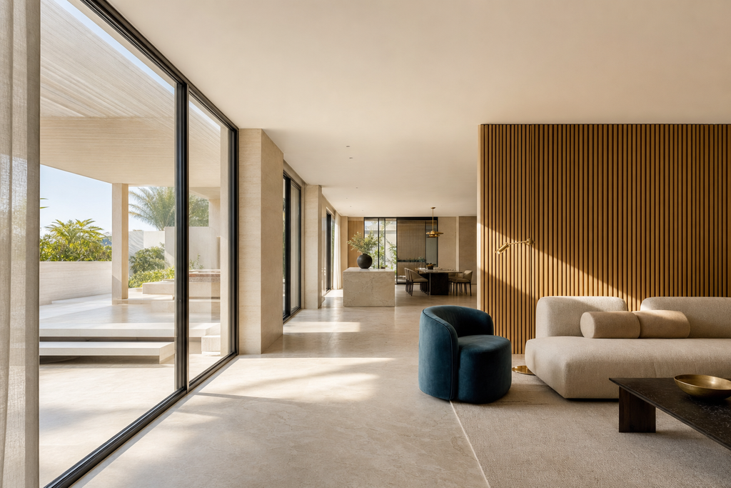 Open-plan villa living space running to full-height glazing onto a shaded terrace.