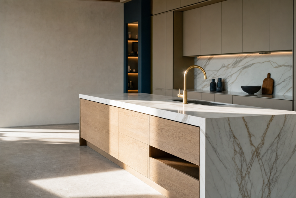 Renovated kitchen with veined marble island, pale oak fronts and brass mixer tap
