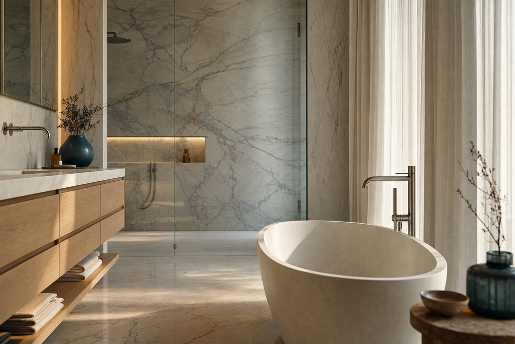 Master bathroom with veined marble wet wall, freestanding stone bath and oak vanity