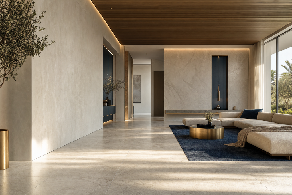 Large-format stone floor and slatted timber ceiling in a villa hall under raking light