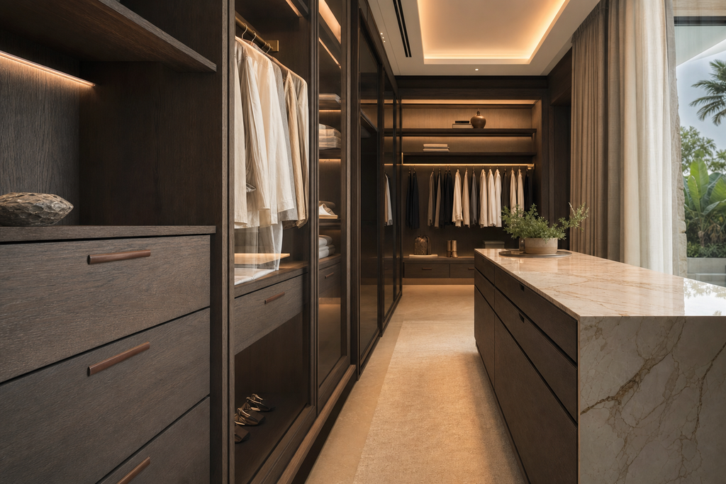 Walk-in wardrobe in smoked oak joinery with brass rail and stone-topped island unit