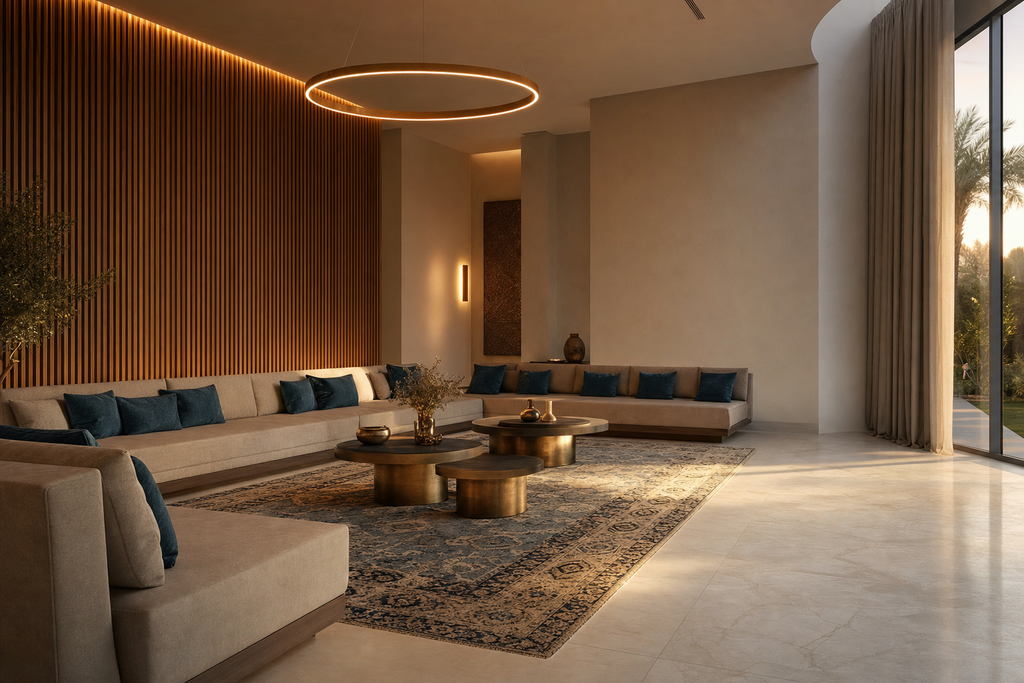 Majlis with low sand bench seating, patterned rug and fluted timber feature wall.