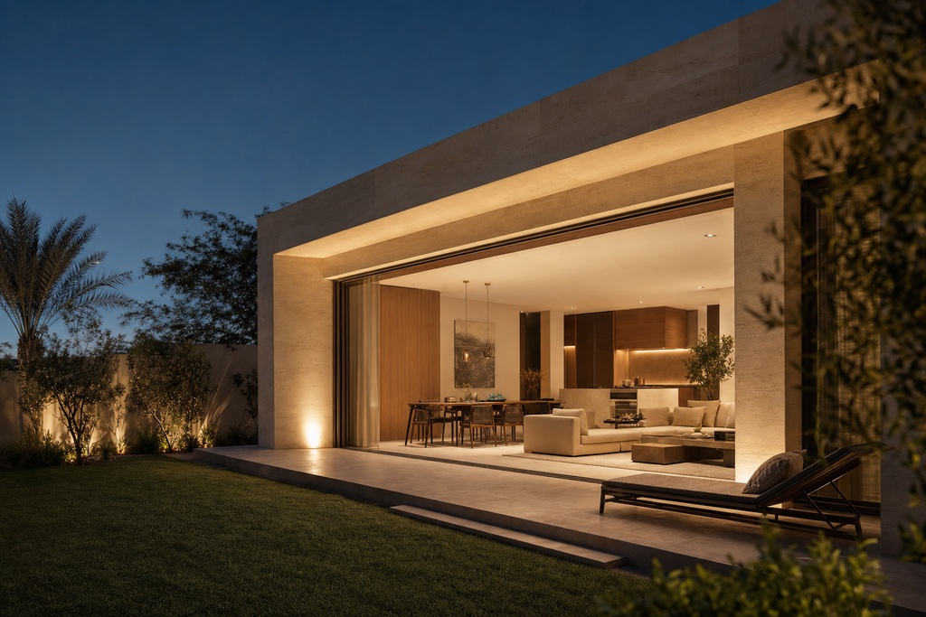 Single-storey villa extension at dusk with open sliding glass wall onto a stone terrace.