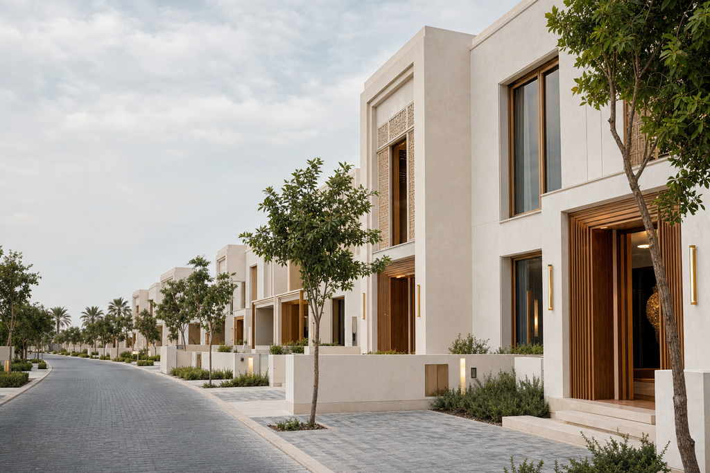Row of attached townhouses with timber-slatted entrance bays on a curving community road