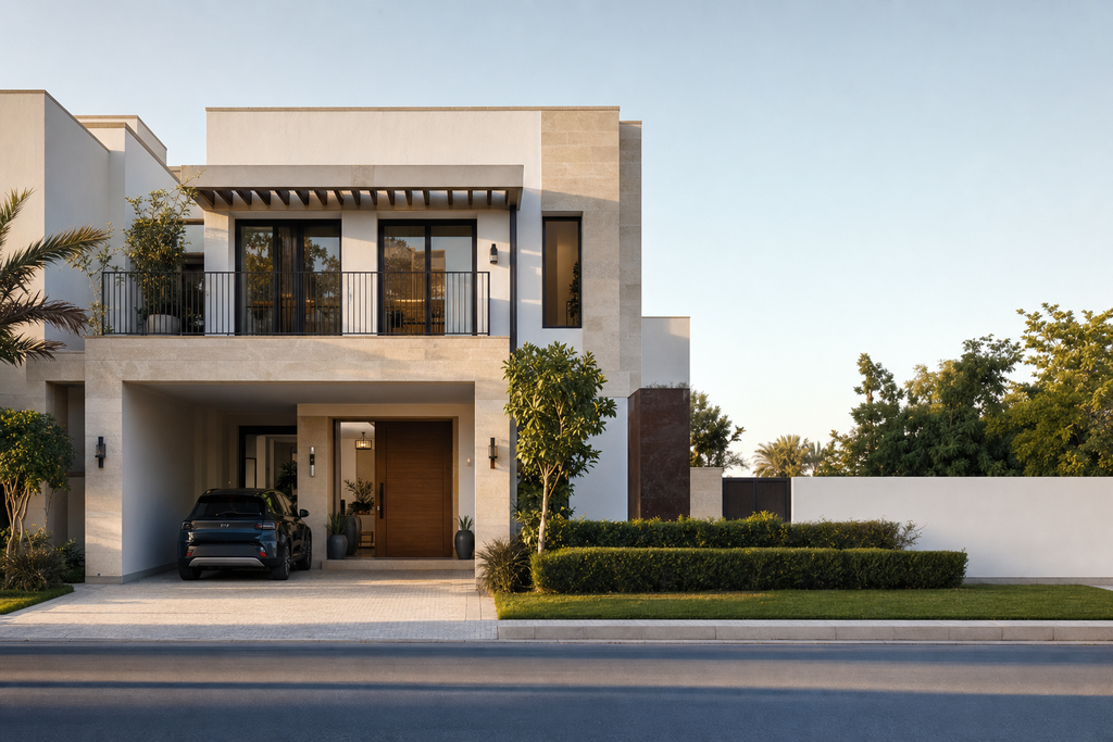 Two-storey villa elevation with stone banding, balcony and covered car porch.