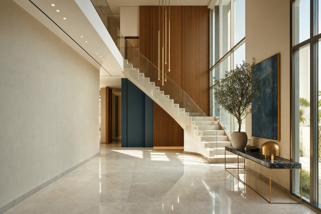 Double-height entrance hall with stone staircase, glass balustrade and linear pendant.