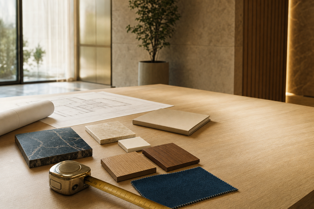 Consultation table with floor plans, tape measure and stone, timber and fabric samples.