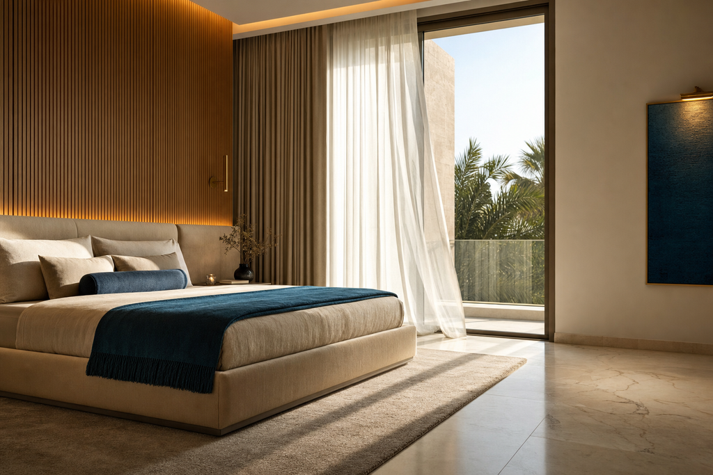 Principal bedroom with fluted timber headboard wall and full-height balcony glazing.